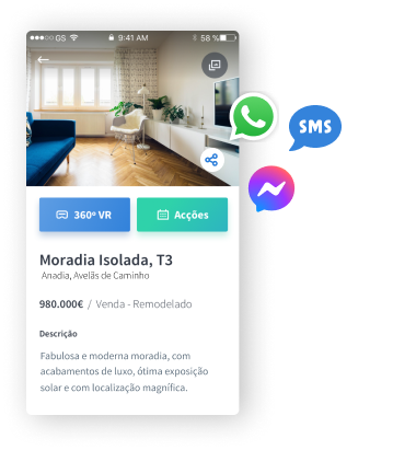 Partilhe imóveis por SMS, Whatsapp e Facebook Messenger